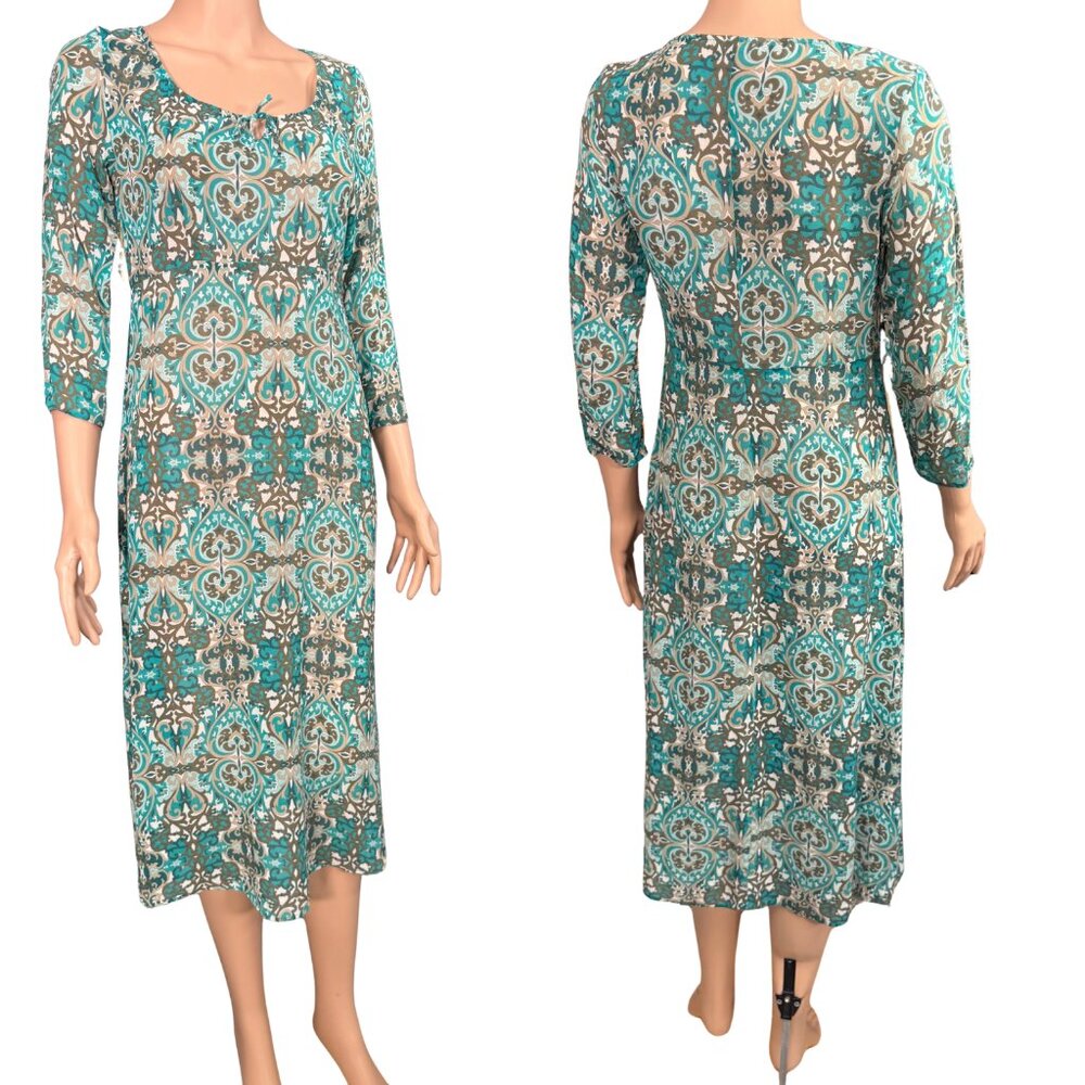 Turnover 100% Silk‎ Sheer Patterned Teal and Brown Dress